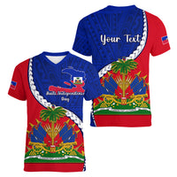 Personalised Haiti Independence Day Women V Neck T Shirt Ayiti National Emblem With Polynesian Pattern - Wonder Print Shop