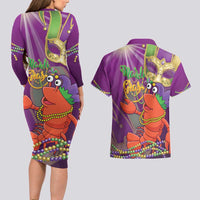 Mardi Gras 2025 Couples Matching Long Sleeve Bodycon Dress and Hawaiian Shirt Funny Jester Lobster With Beads