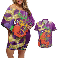 Mardi Gras 2025 Couples Matching Off Shoulder Short Dress and Hawaiian Shirt Funny Jester Lobster With Beads