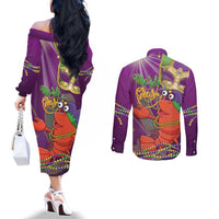 Mardi Gras 2025 Couples Matching Off The Shoulder Long Sleeve Dress and Long Sleeve Button Shirt Funny Jester Lobster With Beads