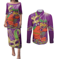 Mardi Gras 2025 Couples Matching Puletasi and Long Sleeve Button Shirt Funny Jester Lobster With Beads