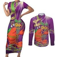 Mardi Gras 2025 Couples Matching Short Sleeve Bodycon Dress and Long Sleeve Button Shirt Funny Jester Lobster With Beads