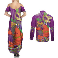 Mardi Gras 2025 Couples Matching Summer Maxi Dress and Long Sleeve Button Shirt Funny Jester Lobster With Beads