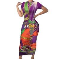 Mardi Gras 2025 Short Sleeve Bodycon Dress Funny Jester Lobster With Beads - Wonder Print Shop