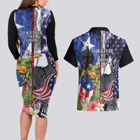 United States Puerto Rico Couples Matching Long Sleeve Bodycon Dress and Hawaiian Shirt USA Eagle Coqui Drum Tropical Flowers - Wonder Print Shop
