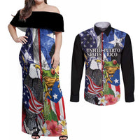United States Puerto Rico Couples Matching Off Shoulder Maxi Dress and Long Sleeve Button Shirt USA Eagle Coqui Drum Tropical Flowers - Wonder Print Shop