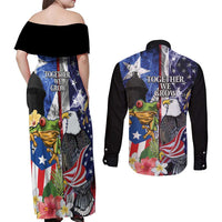 United States Puerto Rico Couples Matching Off Shoulder Maxi Dress and Long Sleeve Button Shirt USA Eagle Coqui Drum Tropical Flowers - Wonder Print Shop