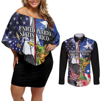 United States Puerto Rico Couples Matching Off Shoulder Short Dress and Long Sleeve Button Shirt USA Eagle Coqui Drum Tropical Flowers - Wonder Print Shop