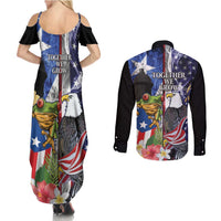 United States Puerto Rico Couples Matching Summer Maxi Dress and Long Sleeve Button Shirt USA Eagle Coqui Drum Tropical Flowers - Wonder Print Shop