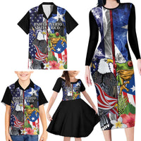 United States Puerto Rico Family Matching Long Sleeve Bodycon Dress and Hawaiian Shirt USA Eagle Coqui Drum Tropical Flowers - Wonder Print Shop