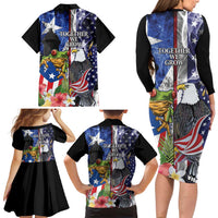 United States Puerto Rico Family Matching Long Sleeve Bodycon Dress and Hawaiian Shirt USA Eagle Coqui Drum Tropical Flowers - Wonder Print Shop
