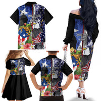 United States Puerto Rico Family Matching Off The Shoulder Long Sleeve Dress and Hawaiian Shirt USA Eagle Coqui Drum Tropical Flowers - Wonder Print Shop