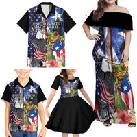 United States Puerto Rico Family Matching Off Shoulder Maxi Dress and Hawaiian Shirt USA Eagle Coqui Drum Tropical Flowers - Wonder Print Shop