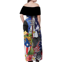 United States Puerto Rico Family Matching Off Shoulder Maxi Dress and Hawaiian Shirt USA Eagle Coqui Drum Tropical Flowers - Wonder Print Shop