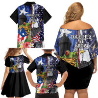 United States Puerto Rico Family Matching Off Shoulder Short Dress and Hawaiian Shirt USA Eagle Coqui Drum Tropical Flowers - Wonder Print Shop
