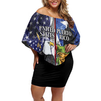 United States Puerto Rico Family Matching Off Shoulder Short Dress and Hawaiian Shirt USA Eagle Coqui Drum Tropical Flowers - Wonder Print Shop