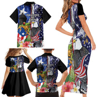 United States Puerto Rico Family Matching Short Sleeve Bodycon Dress and Hawaiian Shirt USA Eagle Coqui Drum Tropical Flowers - Wonder Print Shop