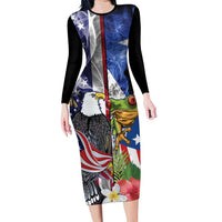 United States Puerto Rico Long Sleeve Bodycon Dress USA Eagle Coqui Drum Tropical Flowers - Wonder Print Shop