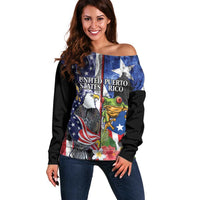 United States Puerto Rico Off Shoulder Sweater USA Eagle Coqui Drum Tropical Flowers - Wonder Print Shop