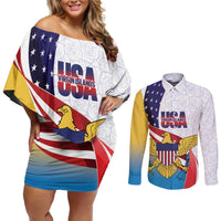 United States Virgin Islands Couples Matching Off Shoulder Short Dress and Long Sleeve Button Shirt USA Curve Flag With Yellow Eagle - Wonder Print Shop
