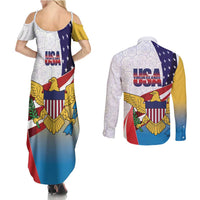 United States Virgin Islands Couples Matching Summer Maxi Dress and Long Sleeve Button Shirt USA Curve Flag With Yellow Eagle - Wonder Print Shop