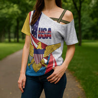 United States Virgin Islands Cross Shoulder Shirt USA Curve Flag With Yellow Eagle - Wonder Print Shop