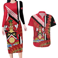 Trinidad and Tobago Couples Matching Long Sleeve Bodycon Dress and Hawaiian Shirt Coat Of Arms With Chaconia Flower