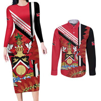 Trinidad and Tobago Couples Matching Long Sleeve Bodycon Dress and Long Sleeve Button Shirt Coat Of Arms With Chaconia Flower