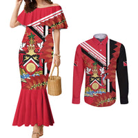 Trinidad and Tobago Couples Matching Mermaid Dress and Long Sleeve Button Shirt Coat Of Arms With Chaconia Flower