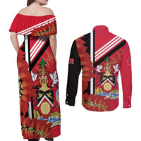 Trinidad and Tobago Couples Matching Off Shoulder Maxi Dress and Long Sleeve Button Shirt Coat Of Arms With Chaconia Flower