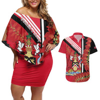 Trinidad and Tobago Couples Matching Off Shoulder Short Dress and Hawaiian Shirt Coat Of Arms With Chaconia Flower