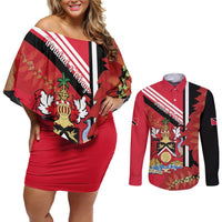 Trinidad and Tobago Couples Matching Off Shoulder Short Dress and Long Sleeve Button Shirt Coat Of Arms With Chaconia Flower