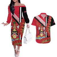 Trinidad and Tobago Couples Matching Off The Shoulder Long Sleeve Dress and Hawaiian Shirt Coat Of Arms With Chaconia Flower