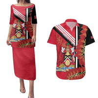 Trinidad and Tobago Couples Matching Puletasi and Hawaiian Shirt Coat Of Arms With Chaconia Flower