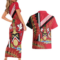 Trinidad and Tobago Couples Matching Short Sleeve Bodycon Dress and Hawaiian Shirt Coat Of Arms With Chaconia Flower