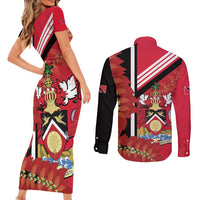 Trinidad and Tobago Couples Matching Short Sleeve Bodycon Dress and Long Sleeve Button Shirt Coat Of Arms With Chaconia Flower