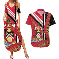 Trinidad and Tobago Couples Matching Summer Maxi Dress and Hawaiian Shirt Coat Of Arms With Chaconia Flower