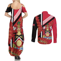 Trinidad and Tobago Couples Matching Summer Maxi Dress and Long Sleeve Button Shirt Coat Of Arms With Chaconia Flower