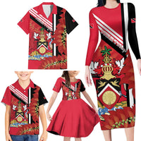Trinidad and Tobago Family Matching Long Sleeve Bodycon Dress and Hawaiian Shirt Coat Of Arms With Chaconia Flower