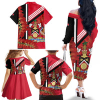 Trinidad and Tobago Family Matching Off The Shoulder Long Sleeve Dress and Hawaiian Shirt Coat Of Arms With Chaconia Flower