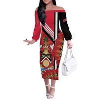 Trinidad and Tobago Family Matching Off The Shoulder Long Sleeve Dress and Hawaiian Shirt Coat Of Arms With Chaconia Flower