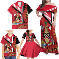 Trinidad and Tobago Family Matching Off Shoulder Maxi Dress and Hawaiian Shirt Coat Of Arms With Chaconia Flower