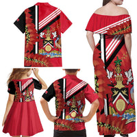 Trinidad and Tobago Family Matching Off Shoulder Maxi Dress and Hawaiian Shirt Coat Of Arms With Chaconia Flower