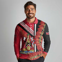 Trinidad and Tobago Long Sleeve Polo Shirt Coat Of Arms With Chaconia Flower