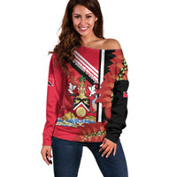 Trinidad and Tobago Off Shoulder Sweater Coat Of Arms With Chaconia Flower