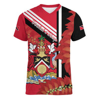 Trinidad and Tobago Women V-Neck T-Shirt Coat Of Arms With Chaconia Flower