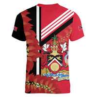 Trinidad and Tobago Women V-Neck T-Shirt Coat Of Arms With Chaconia Flower