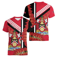 Trinidad and Tobago Women V-Neck T-Shirt Coat Of Arms With Chaconia Flower