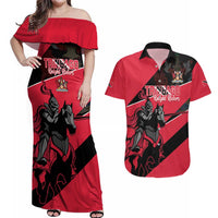 Custom Trinidad and Tobago Cricket Couples Matching Off Shoulder Maxi Dress and Hawaiian Shirt Come On Trinbago Knight Riders