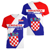 June 25 Croatia Women V Neck T Shirt Independence Day Hrvatska Coat Of Arms 32nd Anniversary - Wonder Print Shop